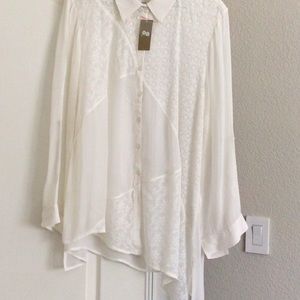 Chico’s long sleeve sheer blouse with lace blocking.